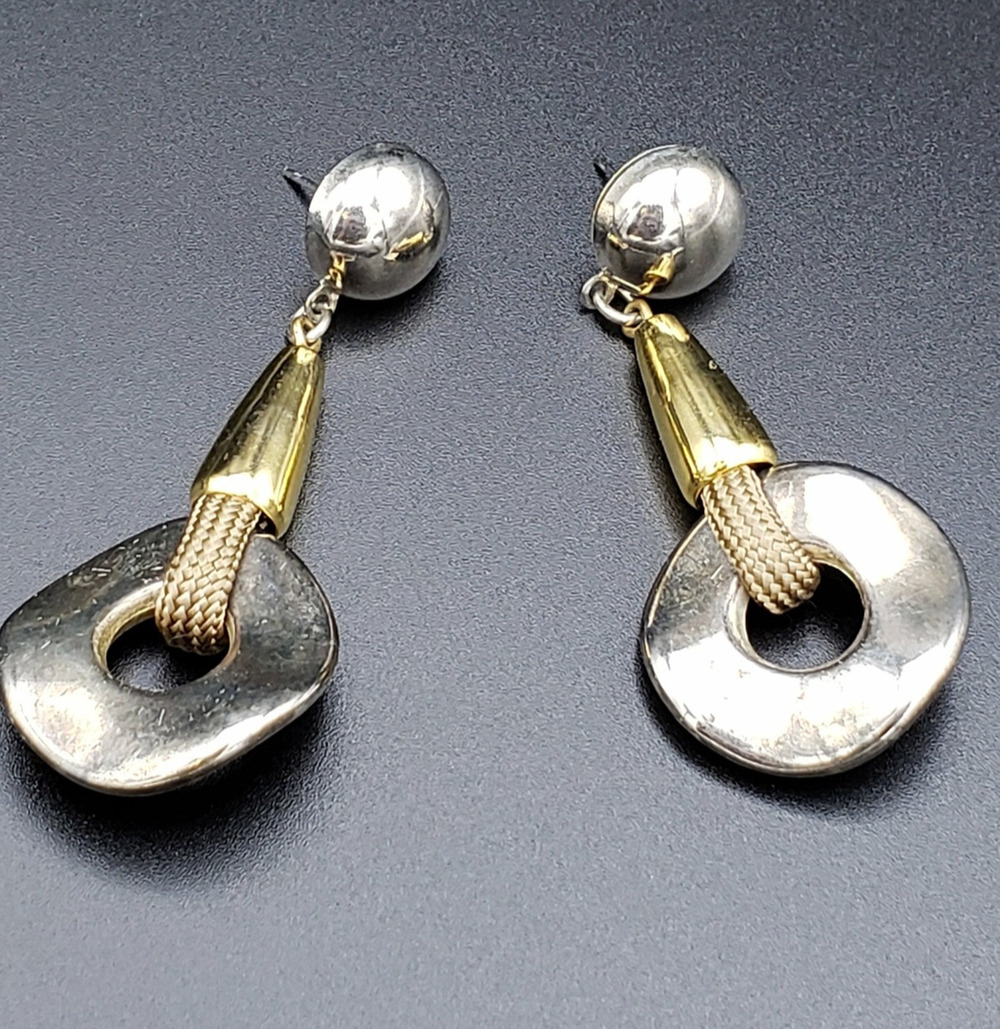Vintage Brutalist Long Dangle Hoops Pierced Earrings 2.5" Mixed Metal gp-41
